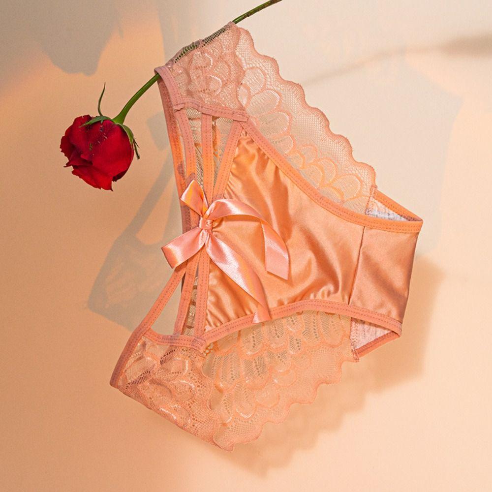 Bowknot Lace Mesh Briefs French Style Low Waist Underpants Fashion Satin Panties  Daily