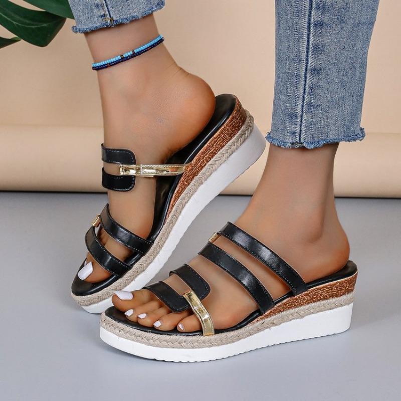 Cross-border large-size wedge sandals women's  summer new thick-soled muffin bottom one-word women's slippers manufacturers wholesale