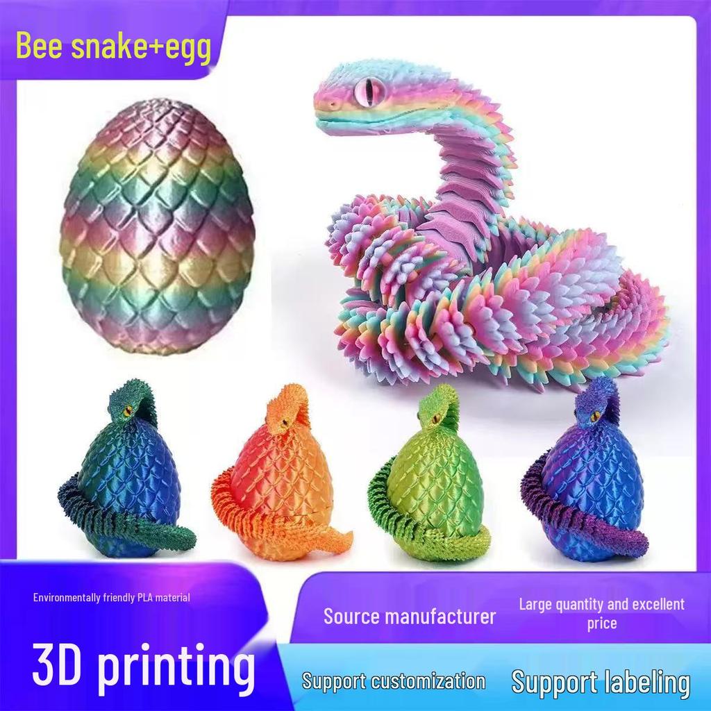 3D Printed Viper Egg Set: Articulated Small Snake Figurine Desktop Ornament Toy for Children
