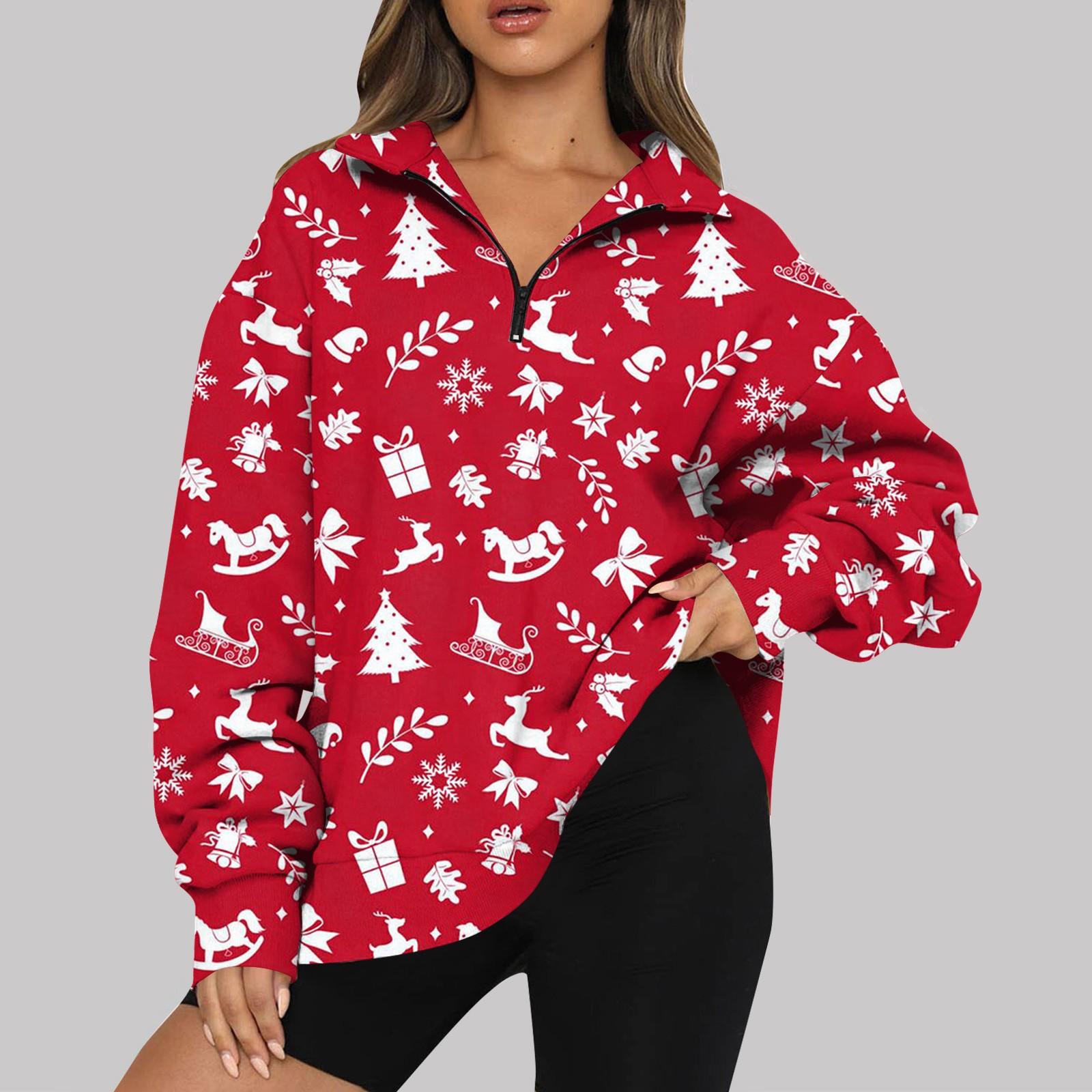 

Женская мода повседневные универсальные повседневные толстовки с круглым вырезом и полумолнией, повседневные толстовки с длинным рукавом и рождественским принтом S белый