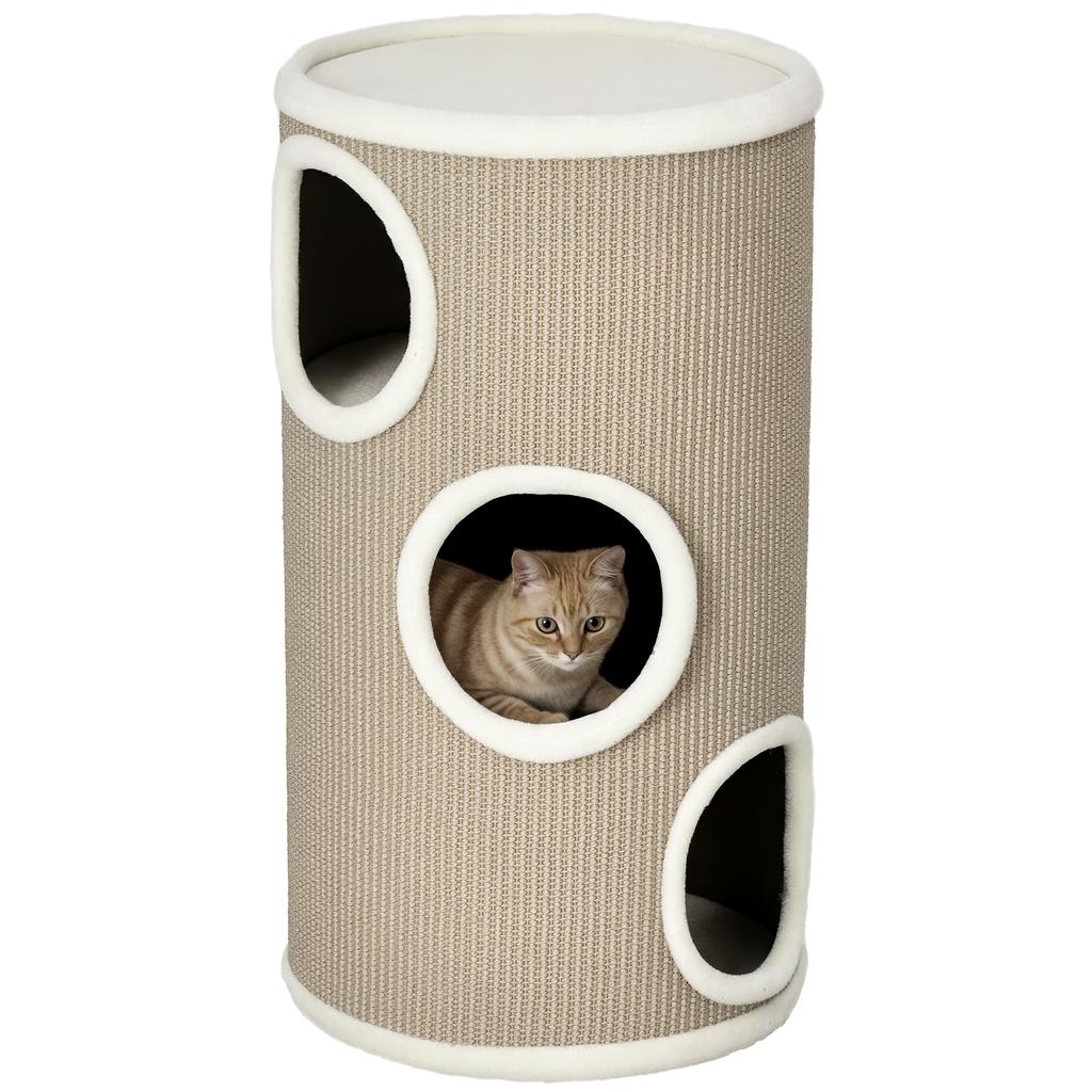 3-Tier Cat House with Sisal and Plush Scratching Post, Ø38x70cm, Brown