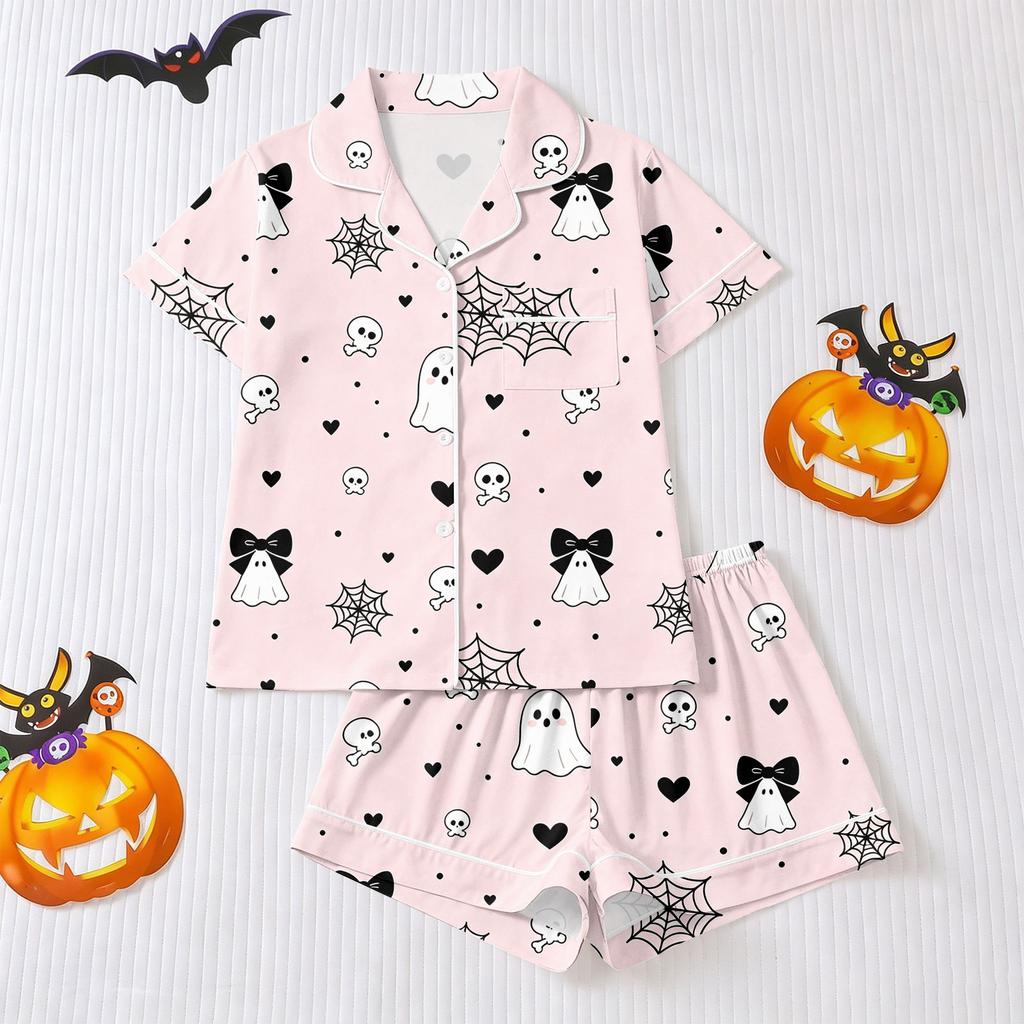 Women's Halloween Pajama Set Short Sleeve Button Down Shirt and Shorts 2-Piece Sleepwear