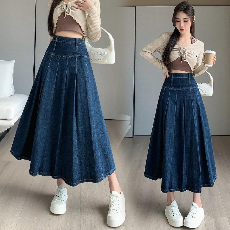 Chic Pleated Jeans Skirts Spring Autumn High Waist Long Washing Ladies Straight Women Loose Denim Midi Skirts