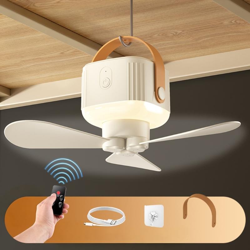 Remote Control USB Mini Ceiling Fan With LED Light 3 Speed Portable Hanging Fan For Camping Tent Outdoor Emergency