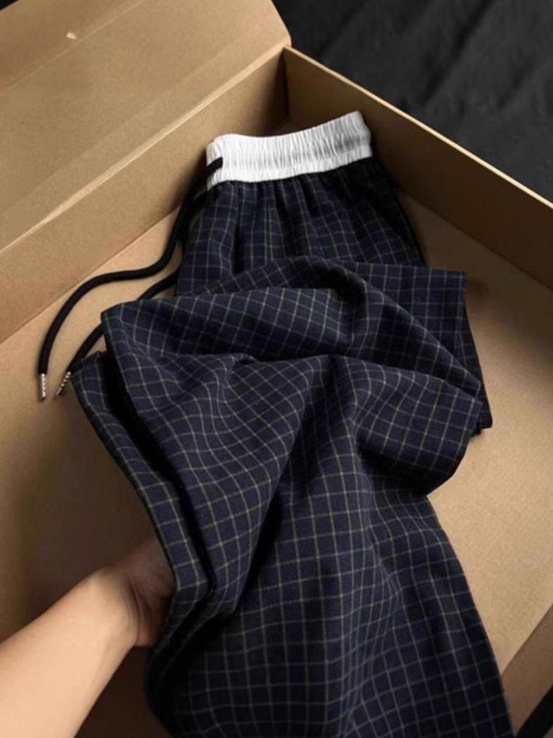 

Women s 2025 Spring Retro Navy Plaid Wide-Leg Pants L