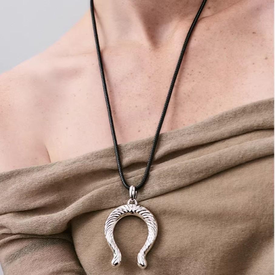 Industrial Chic Horseshoe Pendant Necklace with Black Wax Cord - Unique, Fashionable & Versatile Sweater Chain