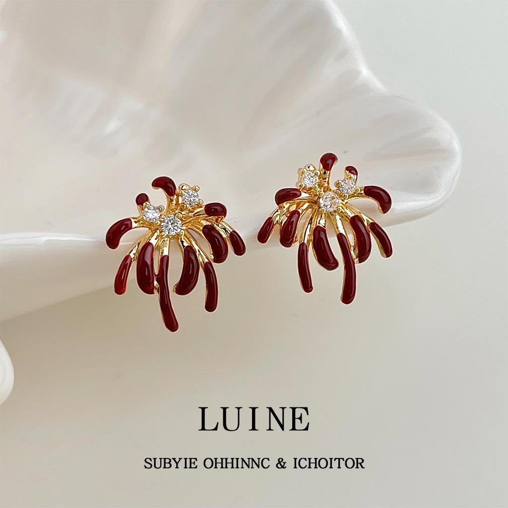 Bright fireworks slightly inlaid zircon enamel drop glaze burgundy s needle earrings
