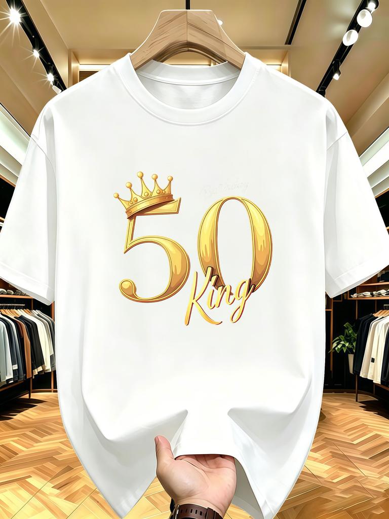 Unisex O Neck Tee 50 Birthday King Crown Print Cotton Short Sleeve Loose Summer Street Breathable Daily Casual Basic Wear Top