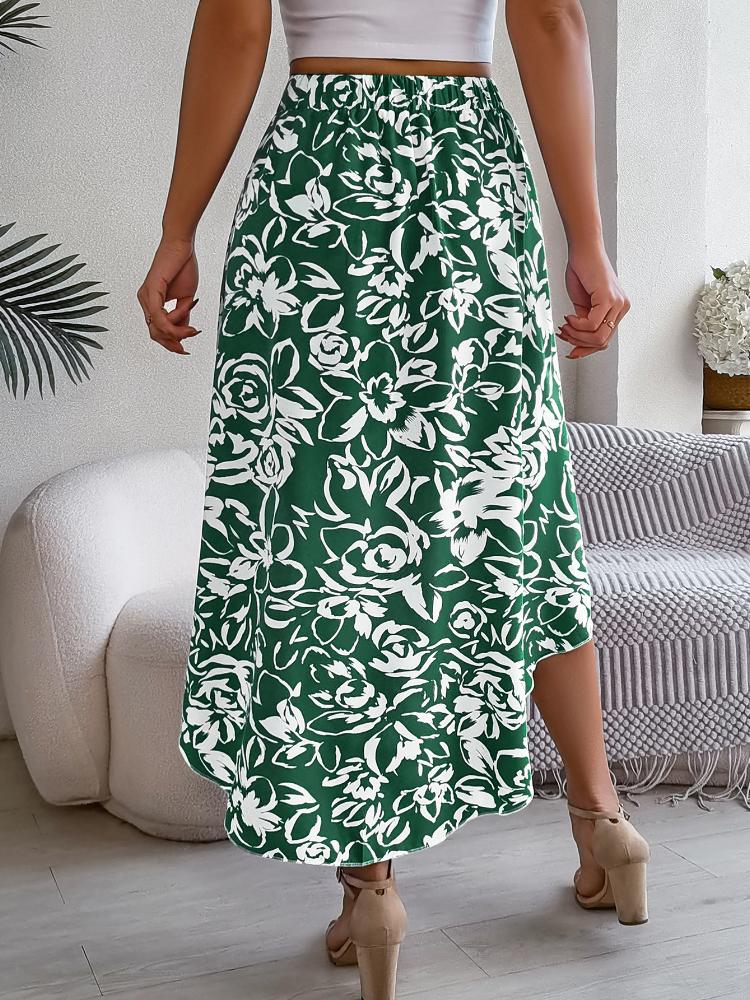 Neformální asymetrická rozšířená sukně s květinovým potiskem a vysokým pasem na jaro a léto, dámské oblečení