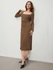 European & American Women's Square Neck Long Sleeve Dress - Spring/Summer, High Waist, Mid-Length Skirt