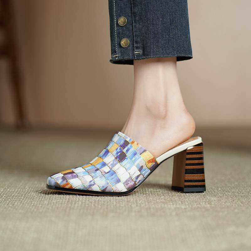 

Krazing Pot Mules Cow Skin Spring Summer Size 43 Size 42 Gingham Sandals Women Thick Heels Women Square Toe Slip on Pumps 35 синий