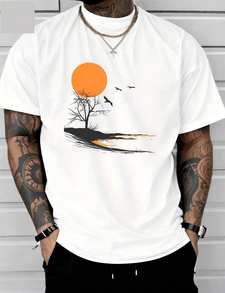 1pc Unisex Sunset Tree Print White Tshirt Crew Neck Casual Cotton Tee Medium Stretch Knit Fabric Regular Fit For Boys Unisex Perfect