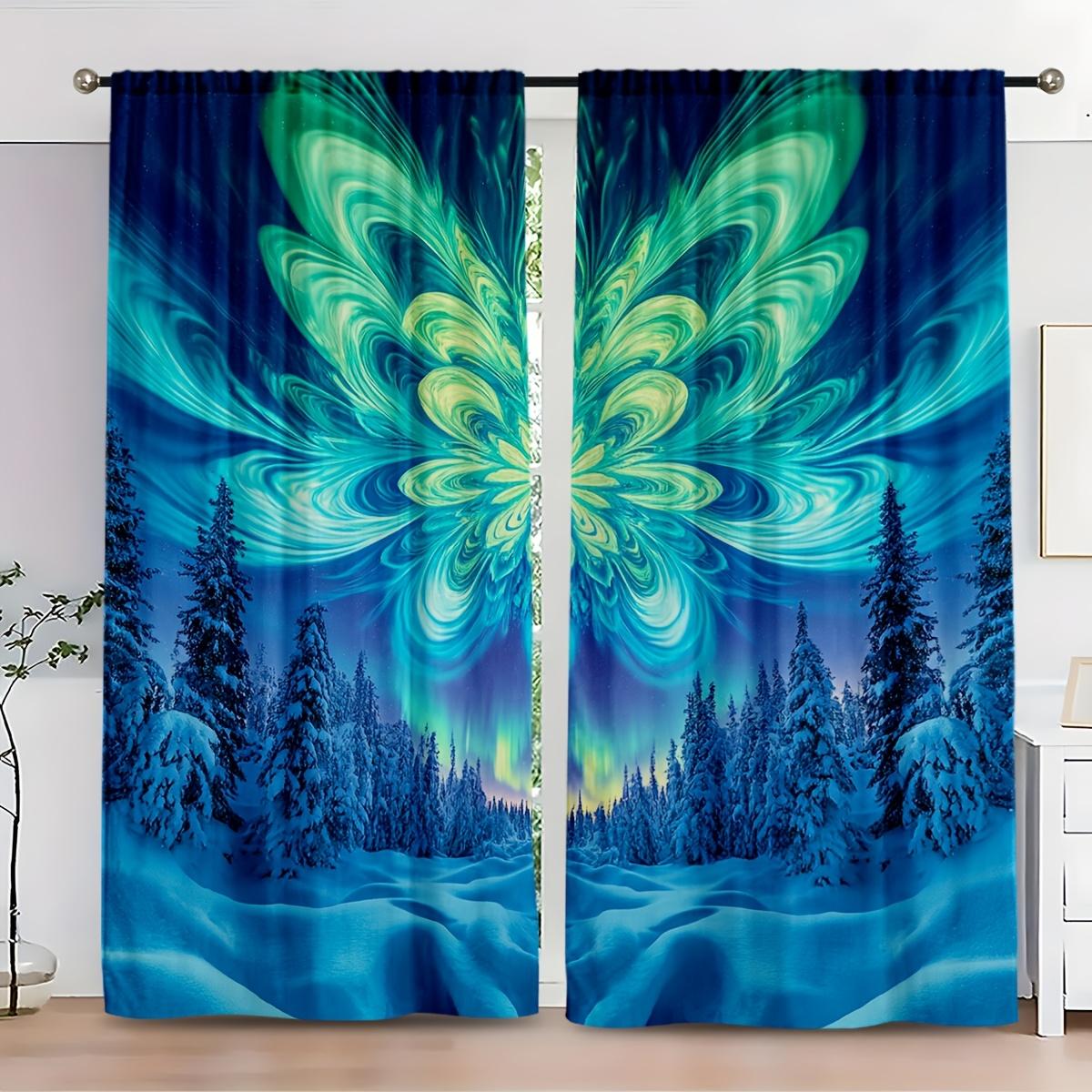 

Set Of 2 Curtains Featuring Vibrant Aurora Snowy Scenery Delicate Baroque Patterns Perfectly Blended Tranquil Forests Curtain Polyester W100*H70(CM)-Grommet top&2PCS