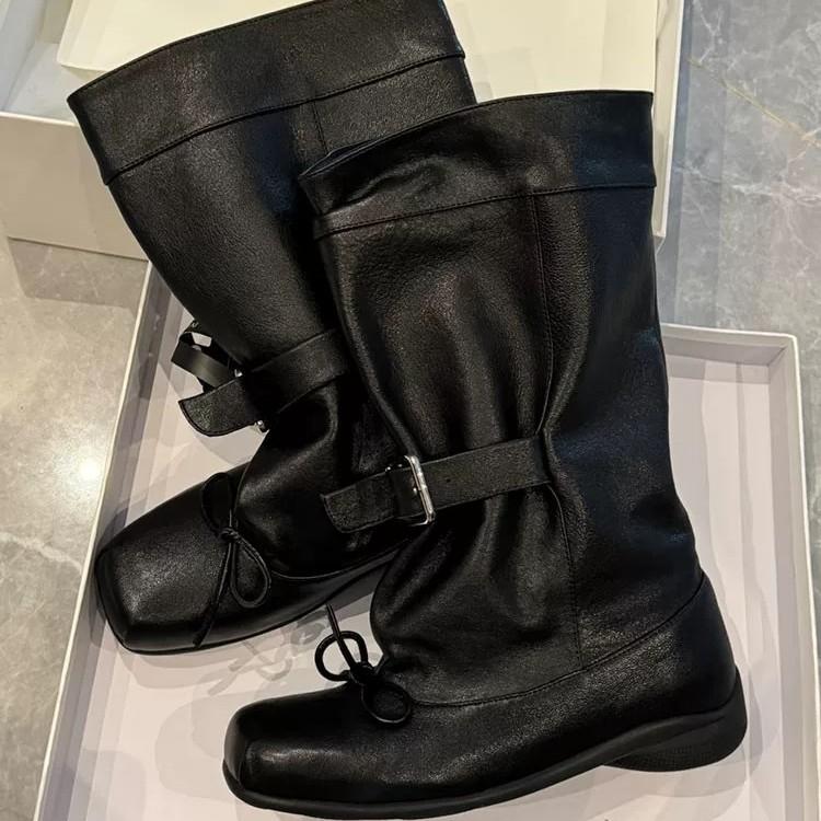 Cowhide Version~ Niche Bow Belt Buckle Stack Boots Boots New Autumn Wide Western Boots