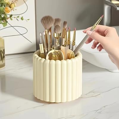 360 Degree Rotating Base Makeup Brush Holder, Dust-proof Pen Holder, Stationery Storage Rack with Detachable Partition