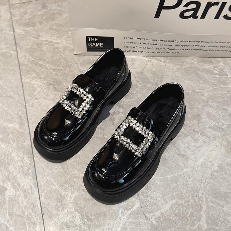 Fashion Women's Thick Heel Loafer Shoes Autumn New Round Head Deep Mouth Water Drill Buckle Thick Sole Non-slip Single Shoes