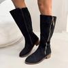 Fashion Women's Chunky Single Boots Spring New Round Head Suede Side Zipper Soft Sole Anti-slip Wear-resistant High Boots