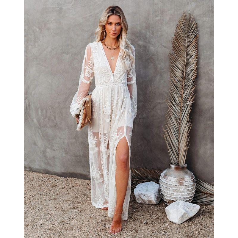 

European and American Women s Lace Long sleeve V-neck Solid Color Party Summer Dress Women Sexy Party Lace Dress White 2XL