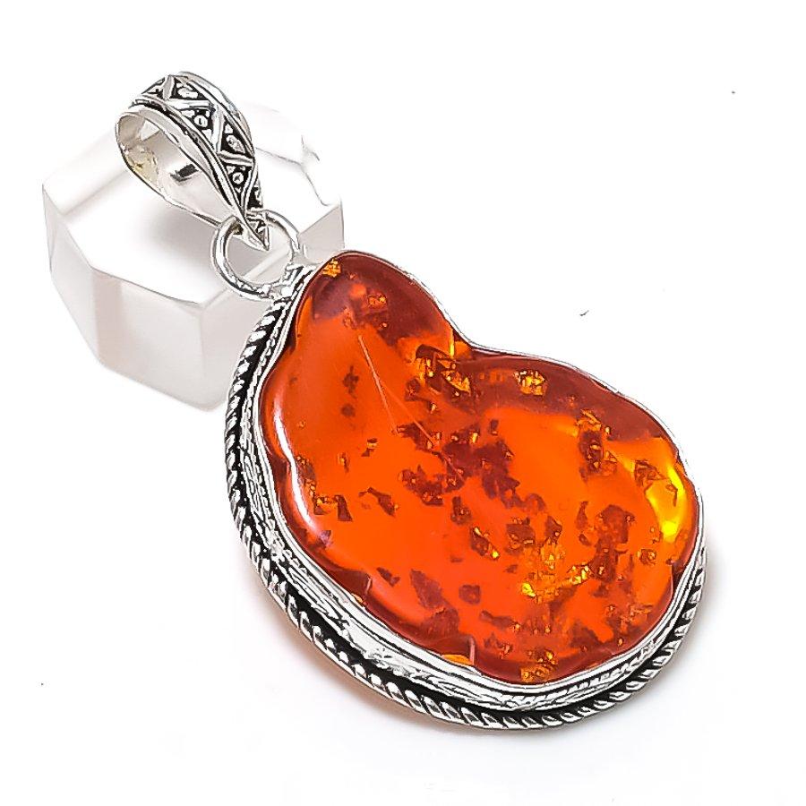 Natural Baltic Amber Gemstone 925 Sterling Silver Jewelry Pendant 2.25" O8I66