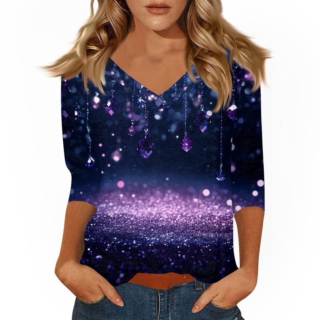 Women's Tops Three-quarter Sleeve Shirt V-neck Loose Casual Shirt Print T-shirt