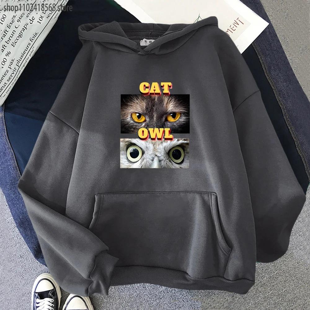 Animal Garphic Men Clothing A Cat and An Owl Hoodies Cartoon