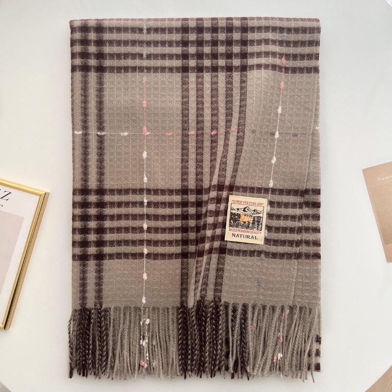 Double-sided plaid knitted fringed scarf women's autumn and winter new versatile thickened warm scarf student outer shawl