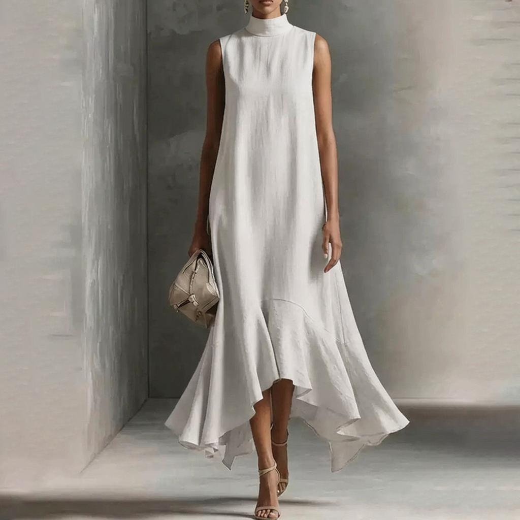 Damen ärmellos hoher Kragen lässig lockere Passform Midi-Kleid weicher Stoff entspannte Silhouette stilvoll für den Alltag
