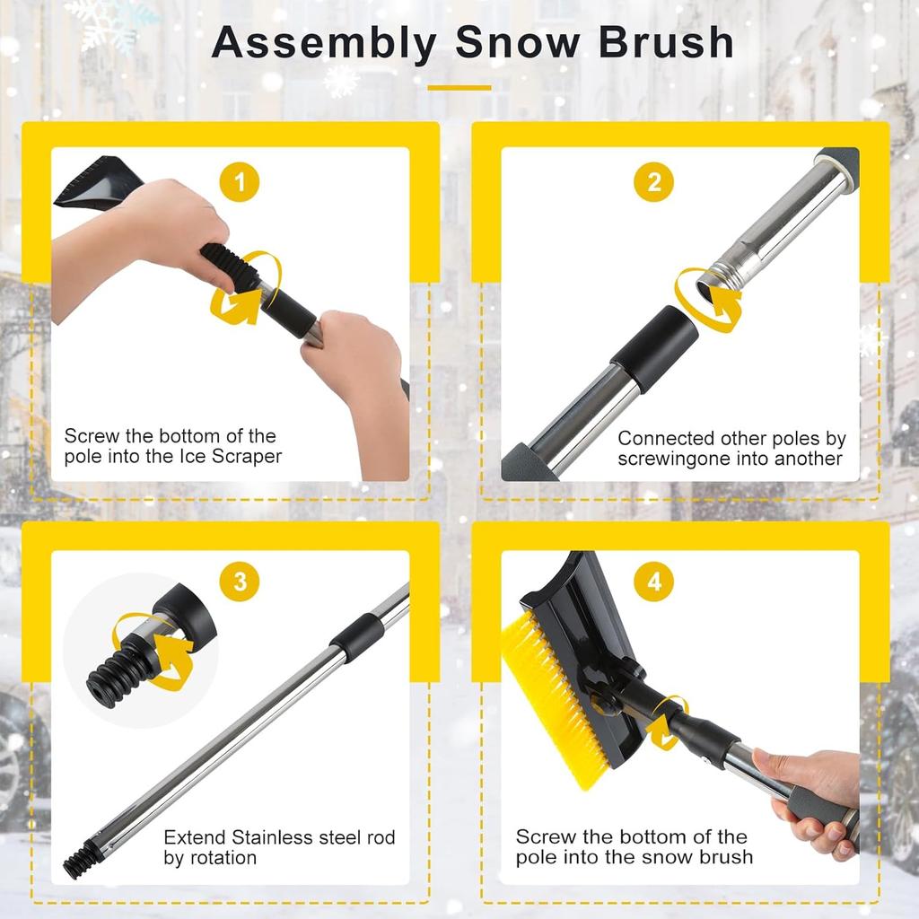 53'' Extendable Retractable Snow Brush & Ice Scraper For Cars/SUVs/Trucks - 360° Rotating Detachable Head, 10" Scratch-Free Squeegee, Ergonomic Foam