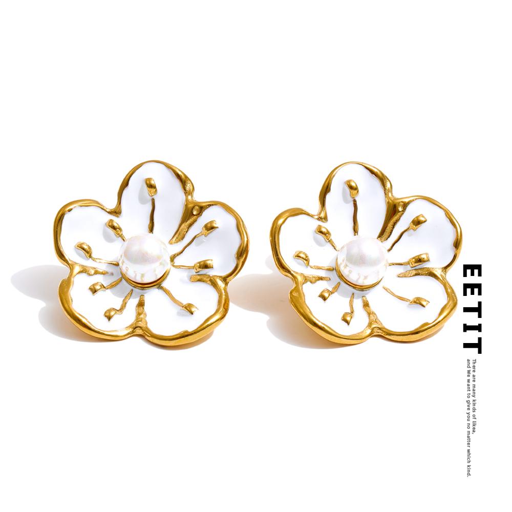 Eetit Popular Style White Enamel Pearl Korean Flower Earrings Ring Set Stainless Steel Daily Arrivals Jewelry Water Resistant