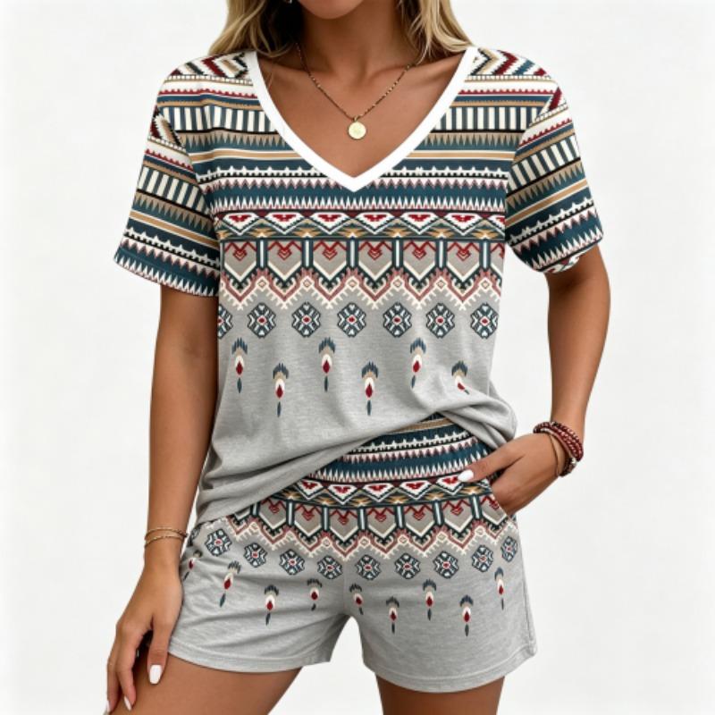 Summer Fashion Ethnic Style Pattern Printed V Neck Short Sleeved T-Shirt And Shorts Set Men's and Women's T-shirt Shorts Set