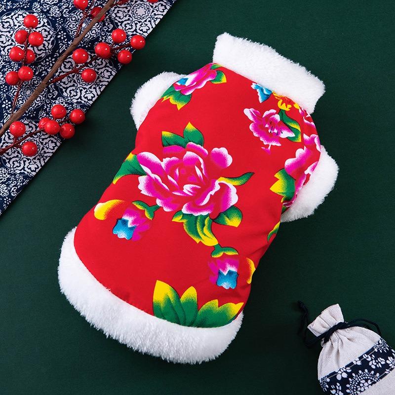 Dog Clothes Autumn Winter Plus Velvet Thick Warm Flower Jacket Teddy Small Dog Cat Pet Christmas Party Costumes Chinese Pet Vest