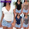 PEYWOW Blusas e Camisas Casuais Femininas com Decote V e Manga Curta