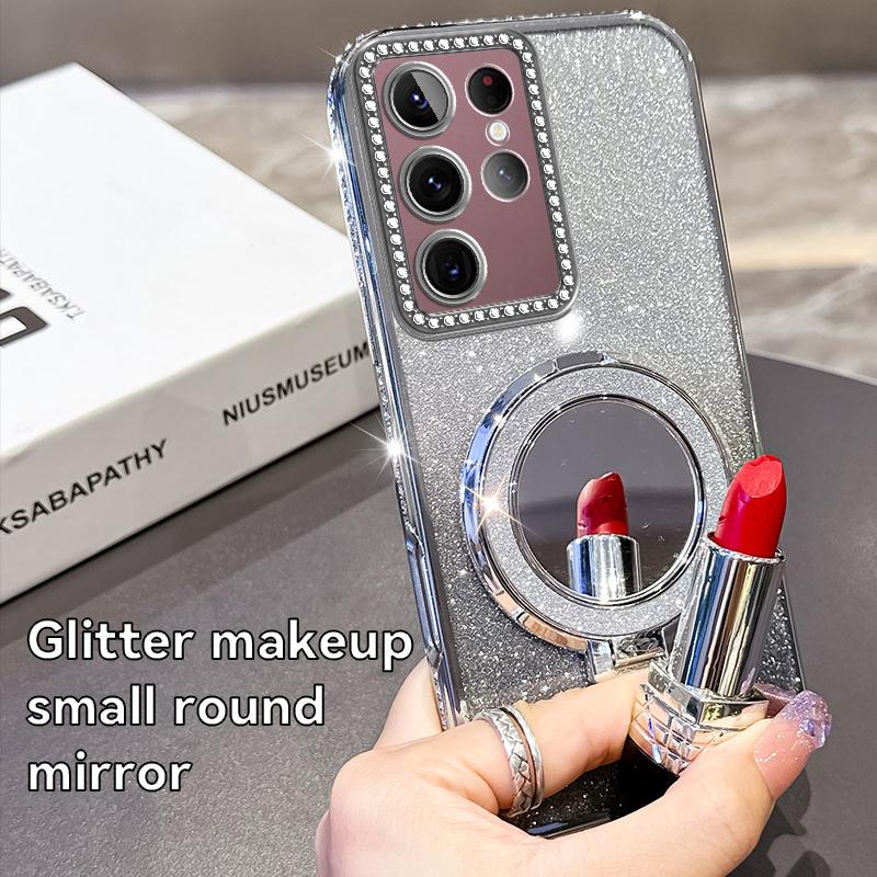 KEYSION Glitter Jewelled Magnetic Phone Case for Samsung Galaxy S22 Ultra S21+ Plus S20 FE Makeup Mirror Stand Shockproof Cover