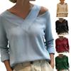 Women T-shirt V-Neck Off Shoulder Long Sleeve Pullover Tops Pure Color Loose Fit Summer Casual Shirt Daily