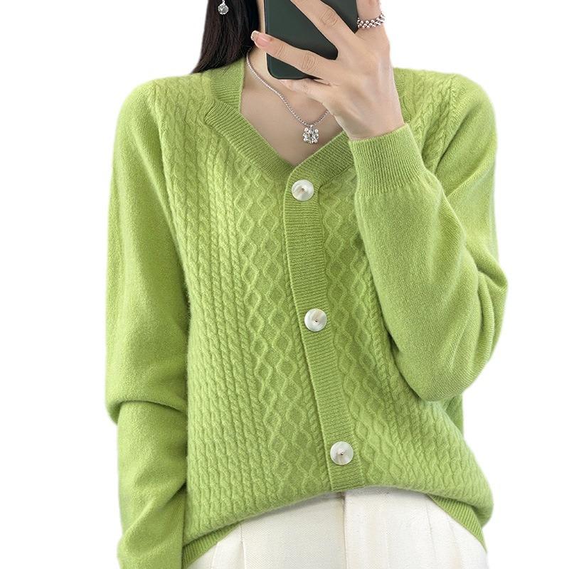 2023 Autumn/Winter Women's V-neck Slimming Cable Knit Cardigan Sweater - Versatile Wool Outerwear