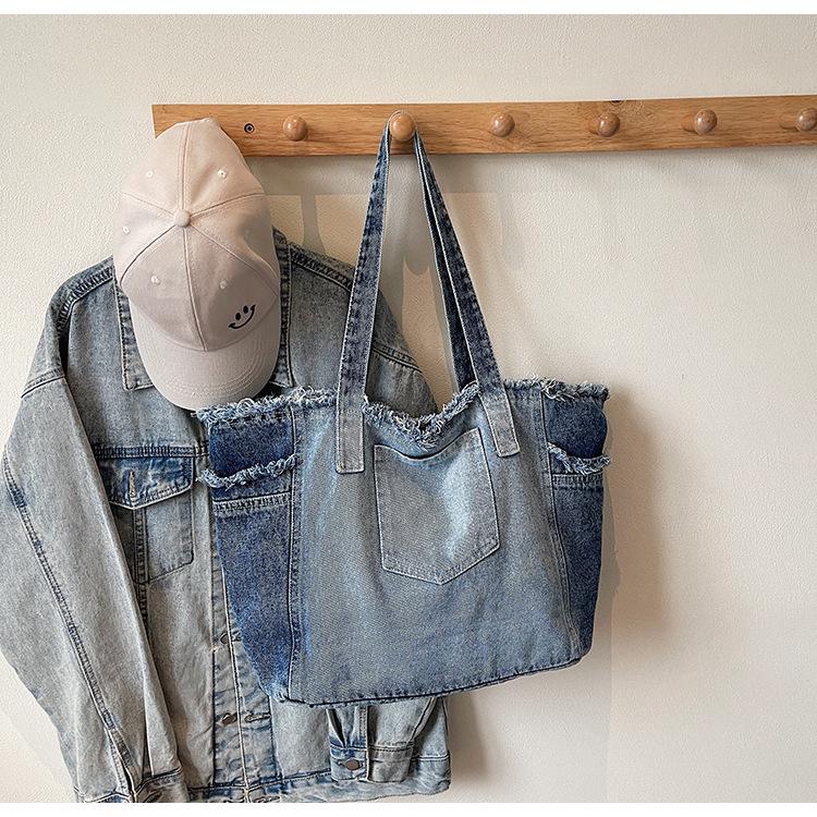 Niche Raw Edge Denim Tote Bag 2025, Women's Large Capacity Commute Shoulder Bag with Fashion Silk Scarf