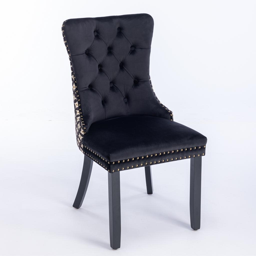 Dining Chairs Set of 2, Hand-Tufted Velvet, Back with Gold Thread Geometric Pattern, Nail Head Trim & Metal Pull Ring, Solid Wood Legs,DE2201BK