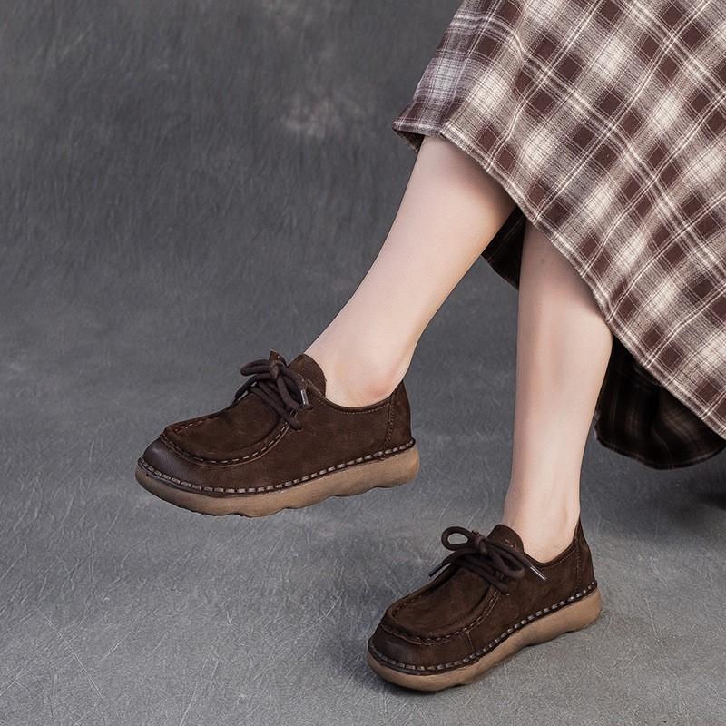 Johnature Echte Leder Ballerinas Bequem Vielseitig Schnürschuhe Pendeln Retro Weichbesohlte Damenschuhe