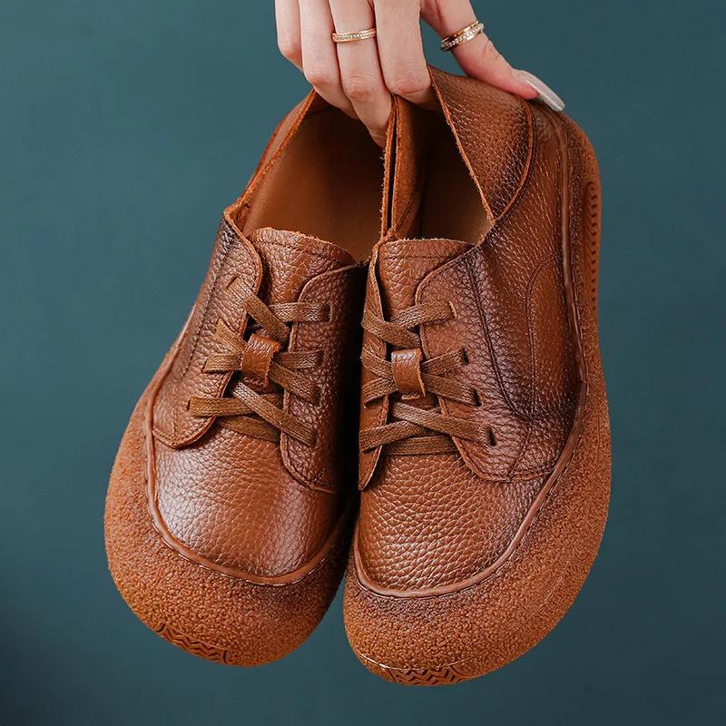 Retro Oxford Sneaker Woman Cow Leather Shoes For Women  Vintage Lace Up Leather Sport Shoes Soft Flat Moccasins