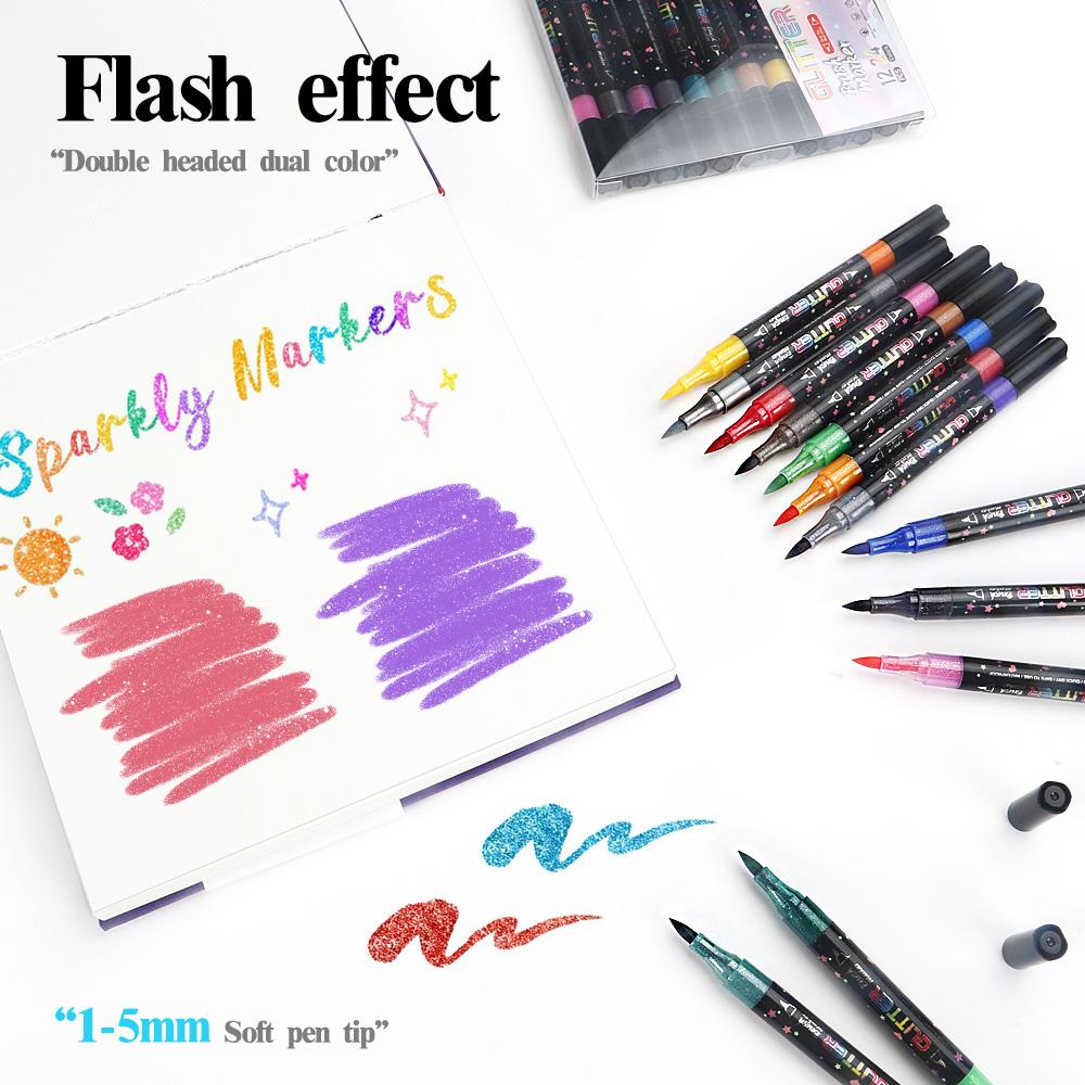Dual Tip Dual Colors Glitter Marker 48 Colors Brush Soft Tip Art Marker Pen Waterproof for DIY Card Making