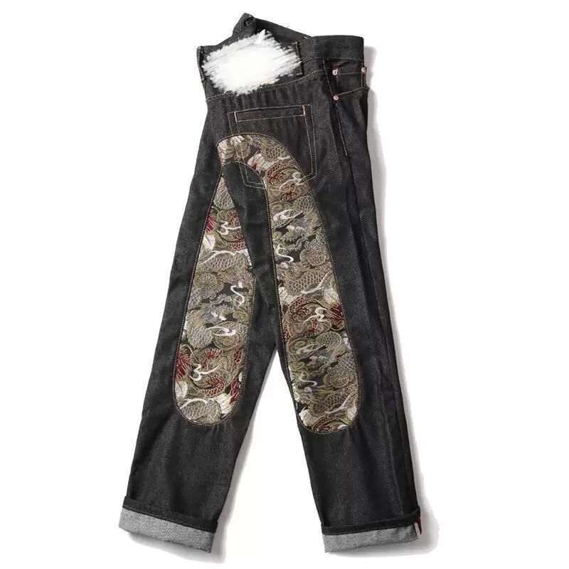 New Japanese Hipster Retro Hip-hop Fashion Print Jeans High Street Leisure Slim Straight Embroidery Y2k Print Stitching Trousers