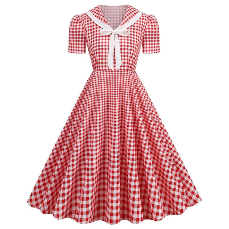 Vintage women's V-neck short-sleeved bow strap polka dot plaid vintage big swing skirt