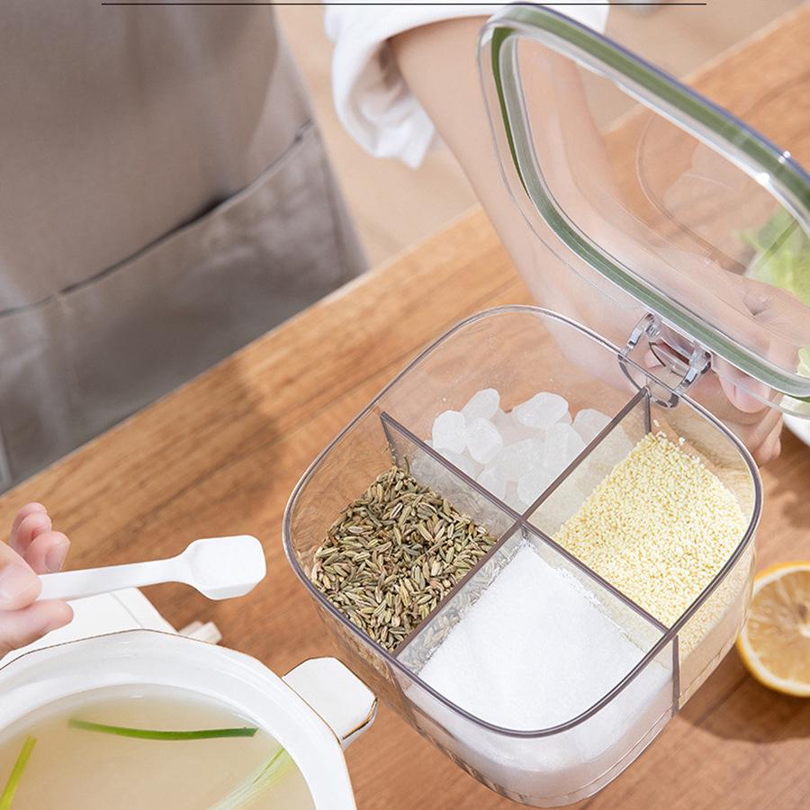 Transparent Kitchen Spice Box with Four Compartments, Spoon Handle, and Lid - Durable Plastic Seasoning Organizer