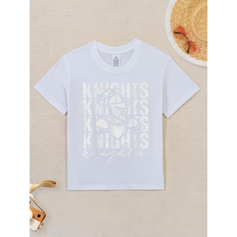 

European sizes Vintage Knight School Mascot Graphic T-Shirt for Boys & Girls - Short Sleeve Casual Tee with Knights Lettering & Mascot Emblem 164cm білий