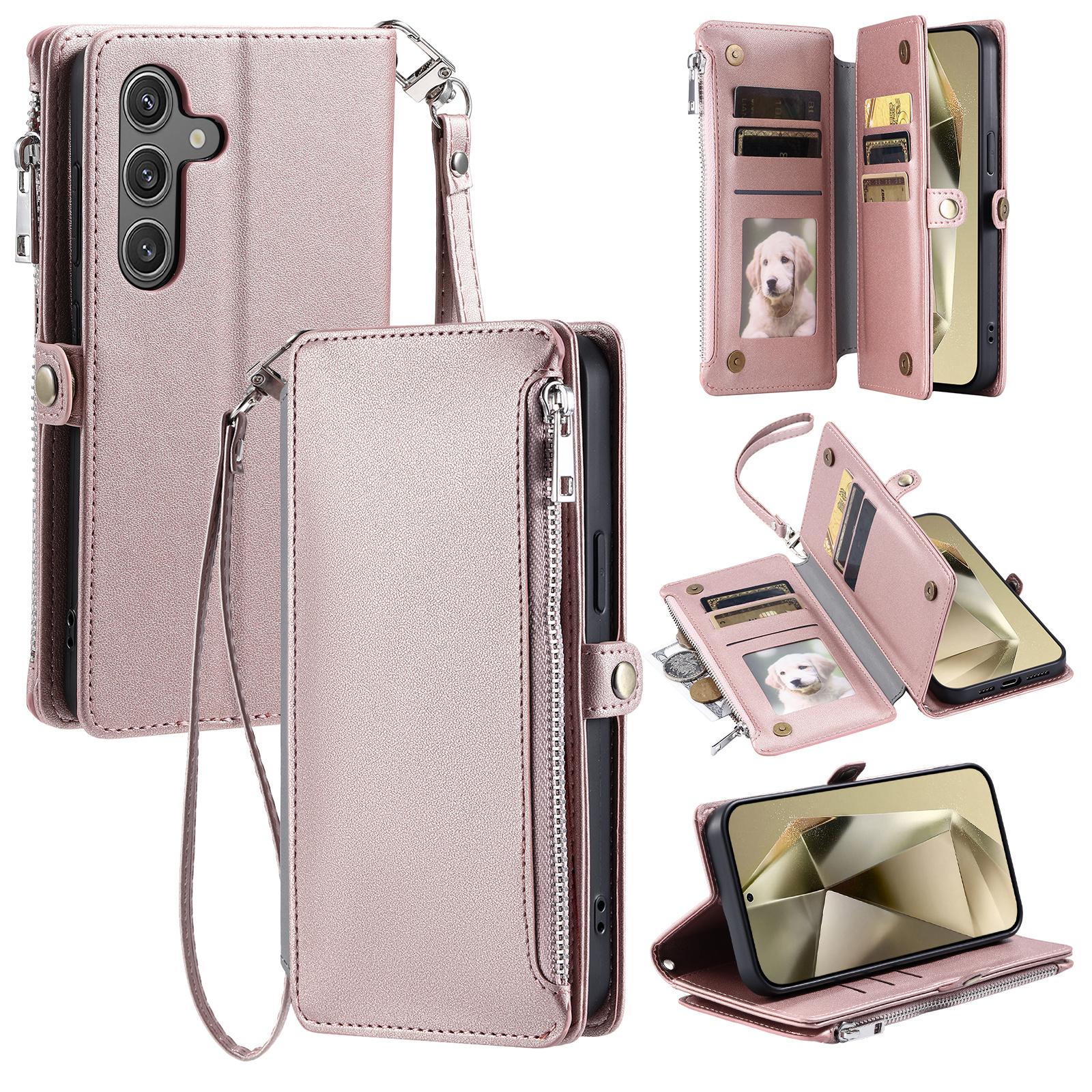 

015 Style For Samsung Galaxy A16 5G/A16 4G Case TPU+PU Leather Wallet Phone Cover with Straps Rose Gold