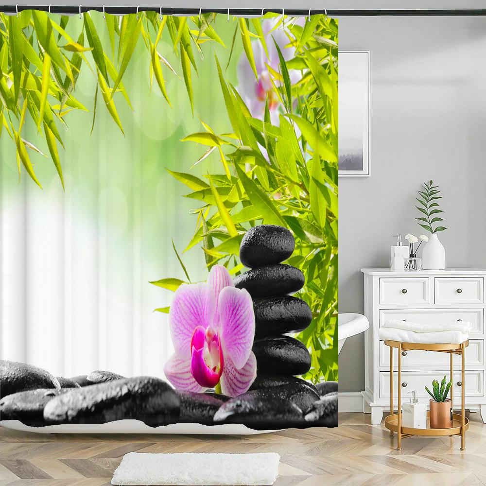 Grüne Pflanzen Bambus Blumen Zen Stein Badezimmervorhang Polyesterstoff Duschvorhänge und Teppiche Toilettendeckel Badematten Set Dekor