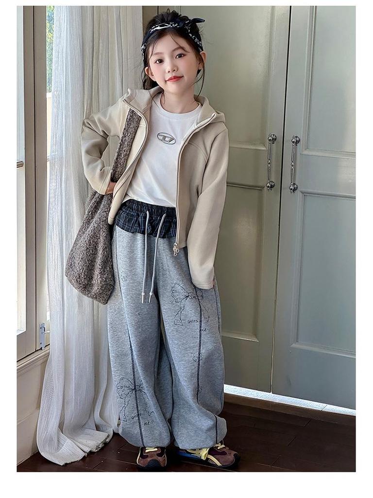 2025 Girls' Spring/Autumn Cardigan & Wide-Leg Pants Set - Hooded Casual Two-Piece Outfit