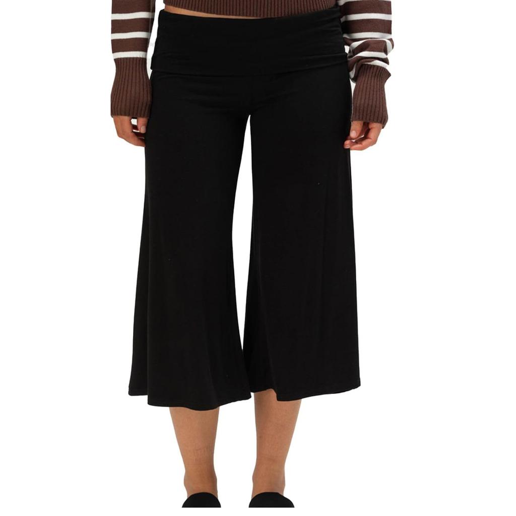Pantaloni da Yoga da Donna a Gamba Larga Corti con Vita Pieghevole Vestibilità Rilassata Tessuto Morbido ed Elastico per il Comfort