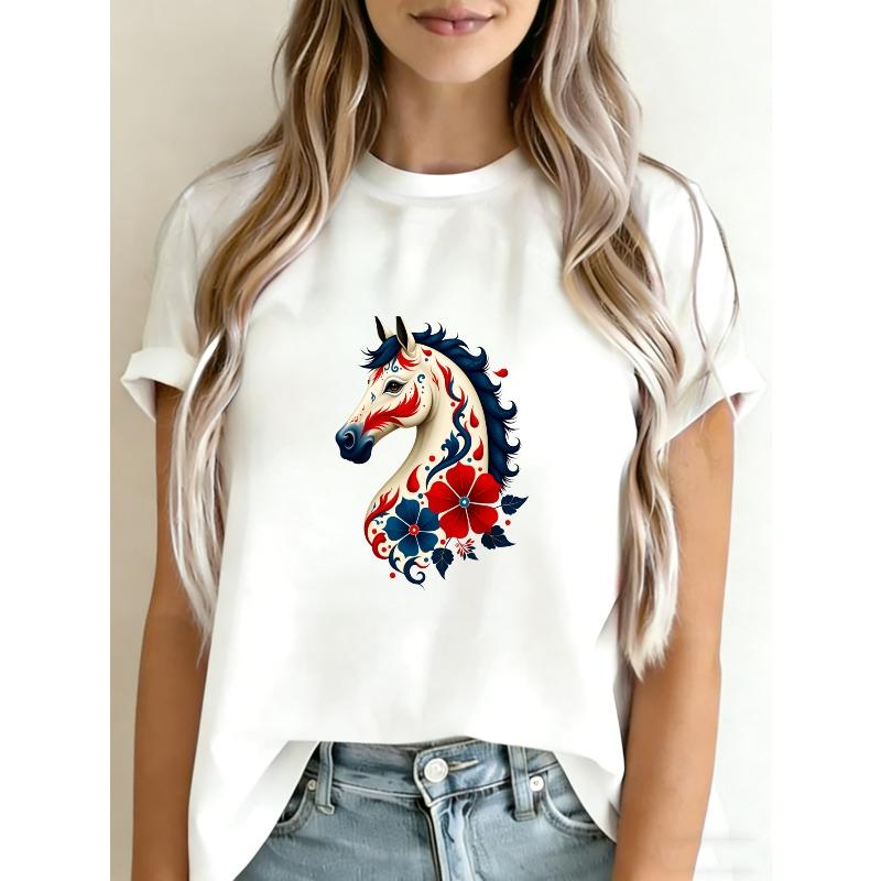 

White T Shirt With Horse And Floral Design For Casual Wear XXXXL білий