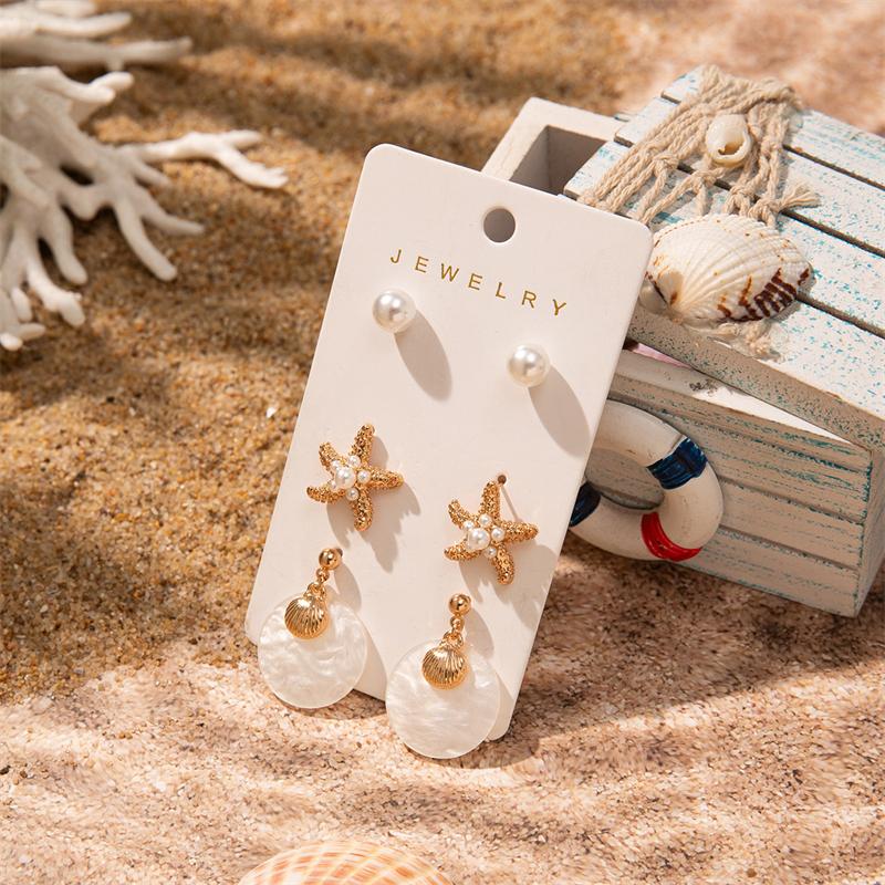 3Pairs Earring Set Gold Color Plated Imitation Shell Smooth Sea Star Pendant Pearl Earrings Women's Jewelry Gift